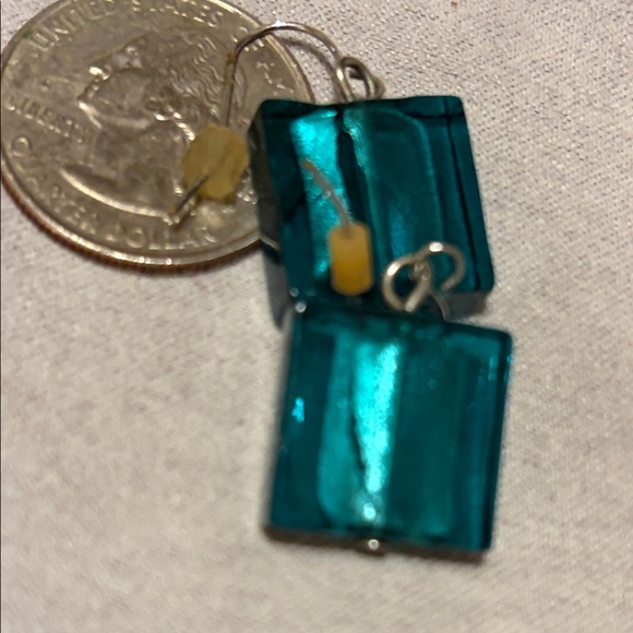Iridescent Teal Square Glass Earrings - Picture 4 of 5